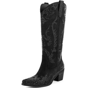 Women's Rhinestone Cowboy Boots Mid Calf Cowgirl Boots Pointed Toe Chunky Heel